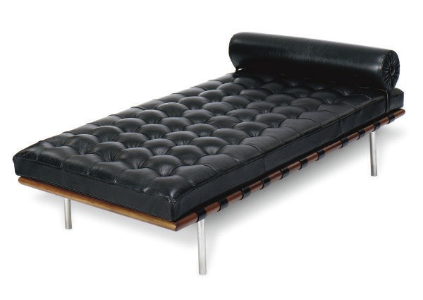 A WALNUT AND LEATHER 'BARCELONA' COUCH,
