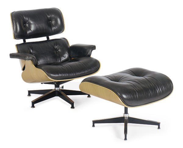 A WALNUT AND BLACK LEATHER '670/671' LOUNGE CHAIR AND OTTOMAN,