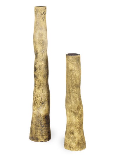 A PAIR OF TALL WOODEN VASES,