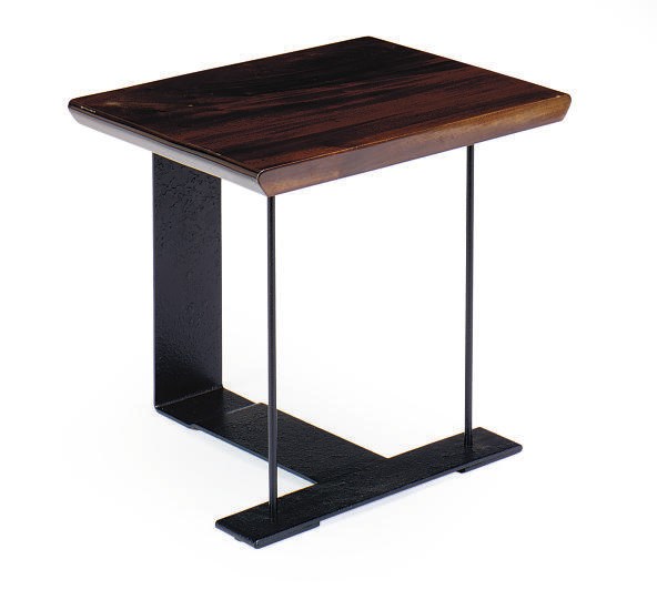 A MAHOGANY AND ENAMELED METAL SIDE TABLE