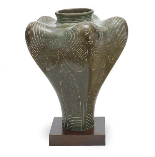 A PATINATED BRONZE 'FEMALE VESSEL' VASE,