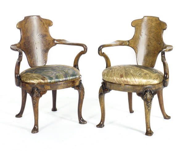 A PAIR OF VICTORIAN WALNUT OPEN ARMCHAIRS,