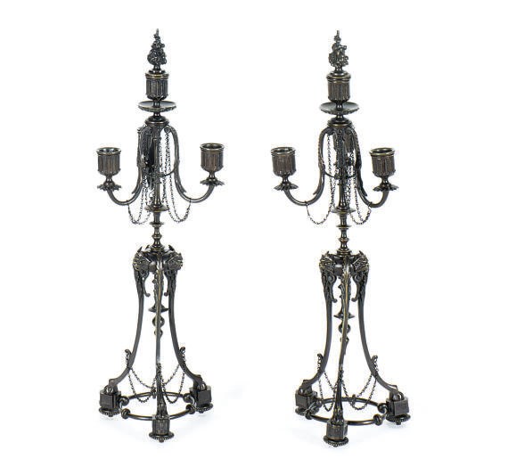 A PAIR OF PATINATED-BRONZE FOUR-LIGHT CANDELABRA,