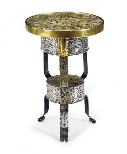 A BRASS AND STEEL SIDE TABLE,