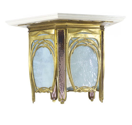 A GILT-BRONZE AND COLORED GLASS HALL LANTERN,