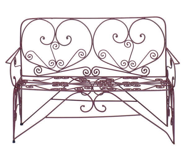 A RED-PAINTED BENT METAL GARDEN SETTEE,