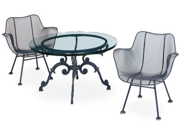 A SET OF FOUR ENAMELED METAL ARMCHAIRS,