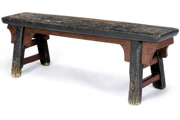 A JAPANESE RED-PAINTED AND PART-EBONIZED BENCH,