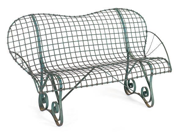 AN ENAMELED METAL AND WIRE BENCH,