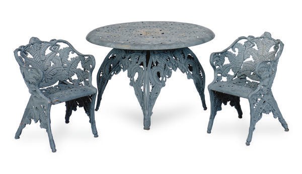 A GREY-PAINTED CAST IRON CIRCULAR TABLE TOGETHER WITH FOUR ARMCHAIRS,