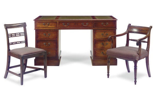A MAHOGANY TWIN PEDESTAL DESK,