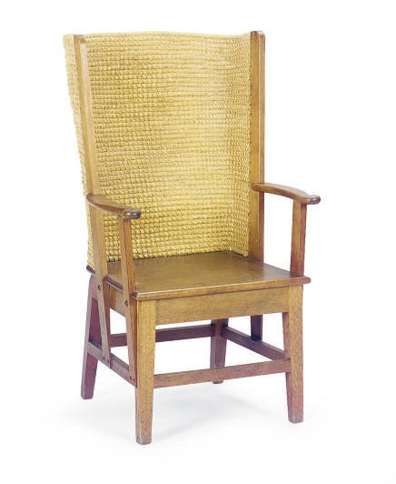 AN ORKNEY ISLAND OAK AND WOVEN STRAW ARMCHAIR,