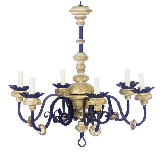 A LIMED-WOOD AND METAL SIX-LIGHT CHANDELIER,