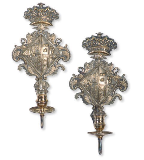 A SET OF FOUR VICTORIAN SILVERED-METAL WALL LIGHTS,