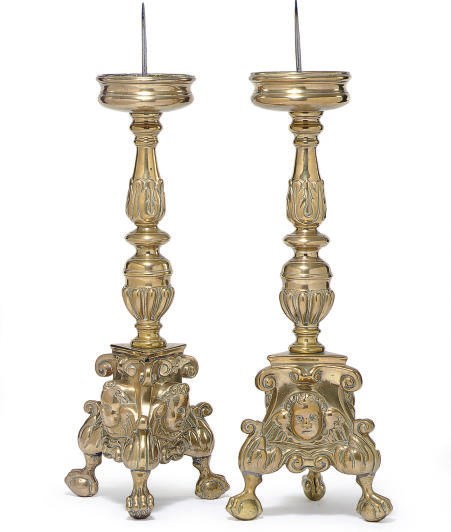 A PAIR OF NORTH EUROPEAN BRASS PRICKET STICKS,
