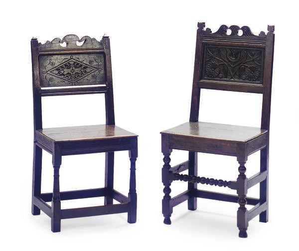 TWO ENGLISH OAK PANEL CHAIRS,