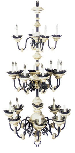 A LIMED-WOOD AND METAL TWENTY-LIGHT CHANDELIER,