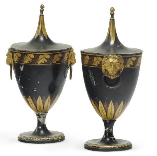 A PAIR OF REGENCY TOLE PEINTE CHESTNUT URNS,