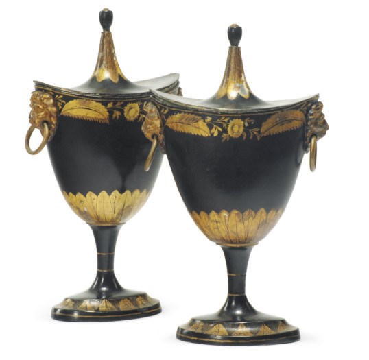 A PAIR OF REGENCY TOLE PEINTE CHESTNUT URNS,