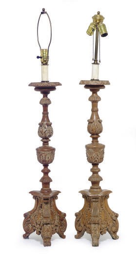 A PAIR OF PINE PRICKET STICKS MOUNTED AS TABLE LAMPS,
