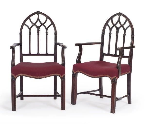 A PAIR OF ENGLISH MAHOGANY OPEN ARMCHAIRS,