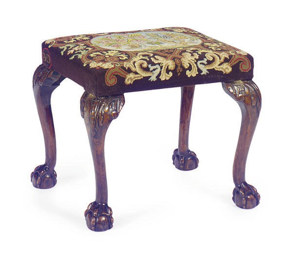 AN ENGLISH MAHOGANY AND NEEDLEWORK UPHOLSTERED STOOL,