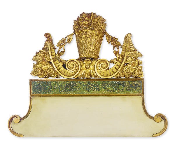 A PAIR OF CARVED GILTWOOD AND PAINTED WALL ORNAMENTS,