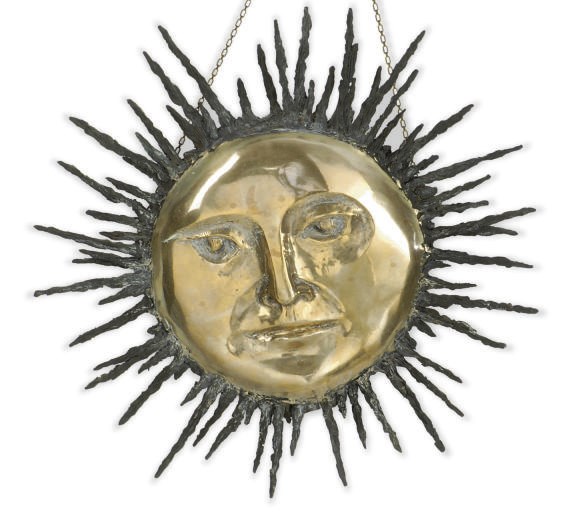 A PATINATED AND GILT-BRONZE DUAL-SIDE SUN AND MOON HANGING,