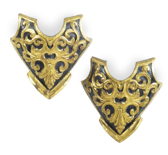 FOUR CONTINENTAL EBONIZED AND PARCEL-GILT WALL HANGINGS,