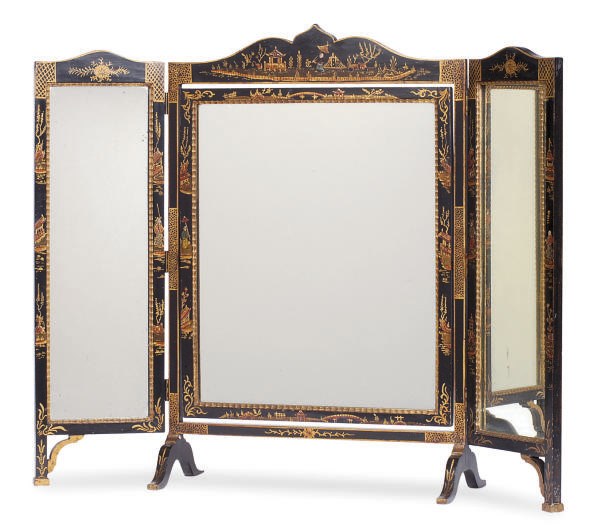 A BLACK AND GILT-LACQUERED DRESSING MIRROR,