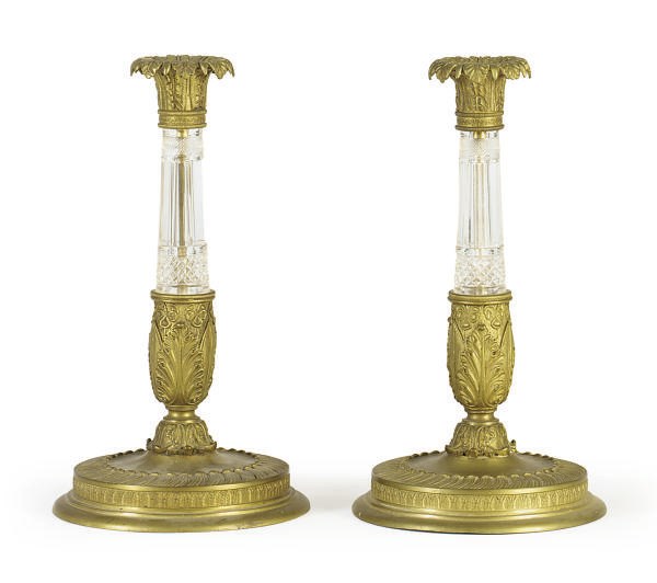 A PAIR OF GILT-BRONZE AND CUT-GLASS CANDLESTICKS,