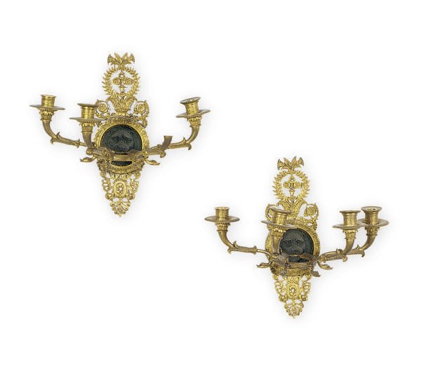 A PAIR OF PATINATED AND GILT-METAL FOUR-BRANCH WALL LIGHTS,
