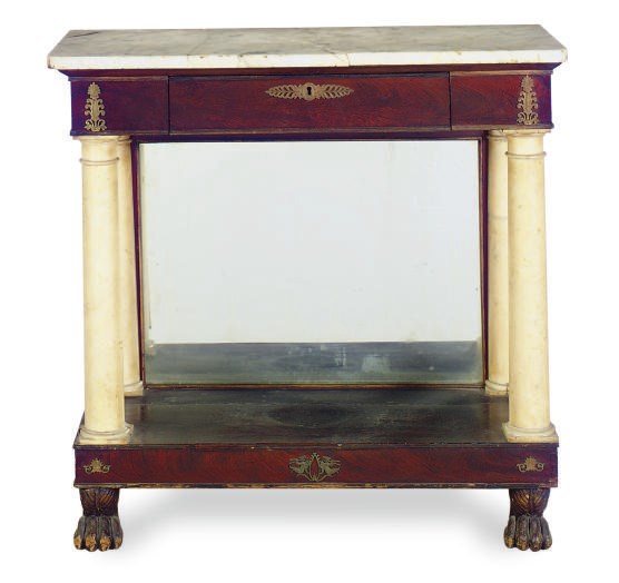 AN AMERICAN MAHOGANY, ALABASTER, AND MARBLE TOP PIER TABLE,