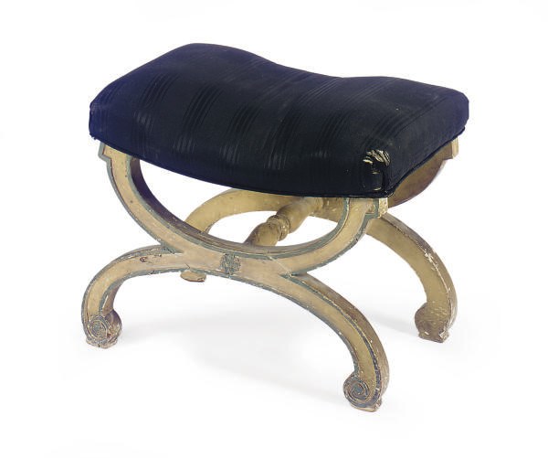 A PAINTED AND PARCEL-GILT UPHOLSTERED STOOL,