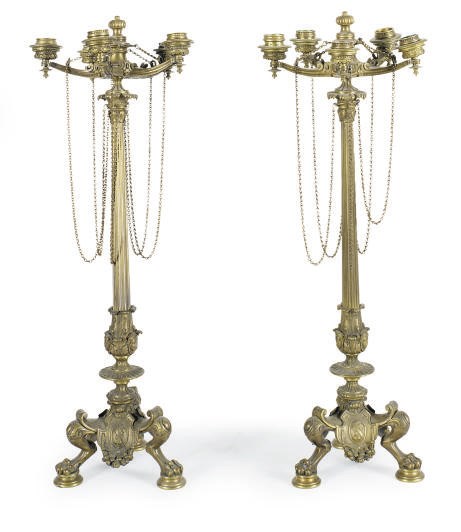 A PAIR OF BRONZE FIVE-LIGHT CANDELABRAS,