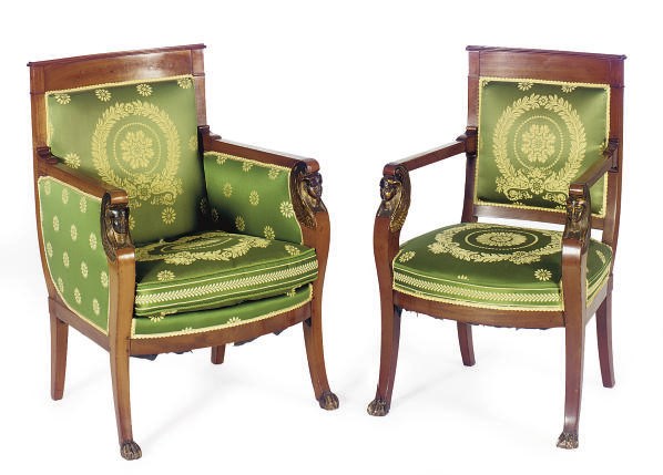 AN EMPIRE MAHOGANY AND PARCEL-GILT BERGERE AND FAUTEUIL,