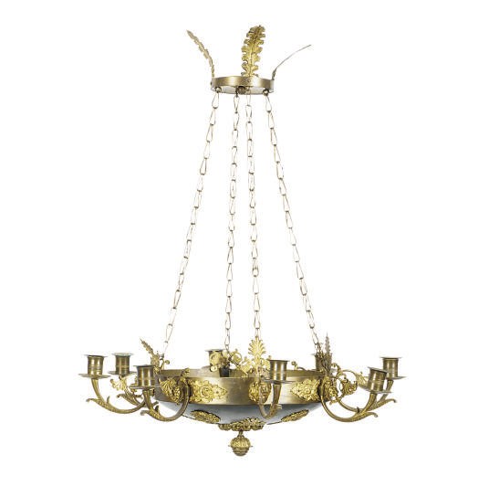 A PATINATED AND GILT-METAL EIGHT-LIGHT CHANDELIER,