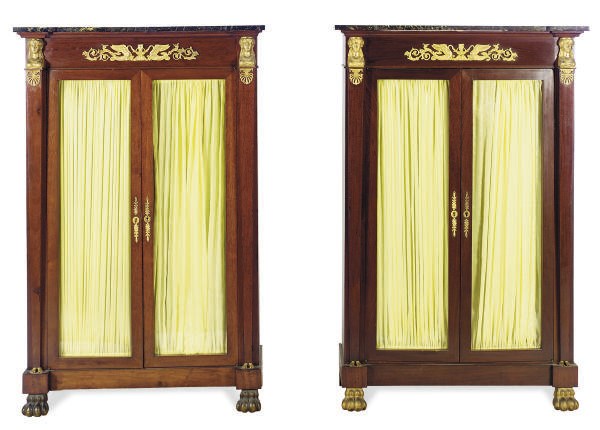 A PAIR OF ORMOLU-MOUNTED MAHOGANY MARBLE TOP CABINETS,