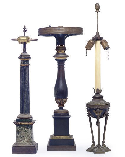 THREE PATINATED AND GILT-METAL TABLE LAMPS,