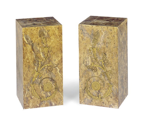 A PAIR OF GILT-METAL MOUNTED FAUX MARBLE PEDESTALS,