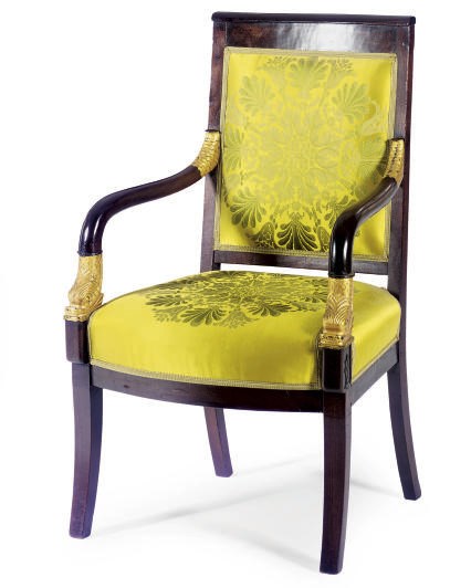 A MAHOGANY AND PARCEL-GILT FAUTEUIL,