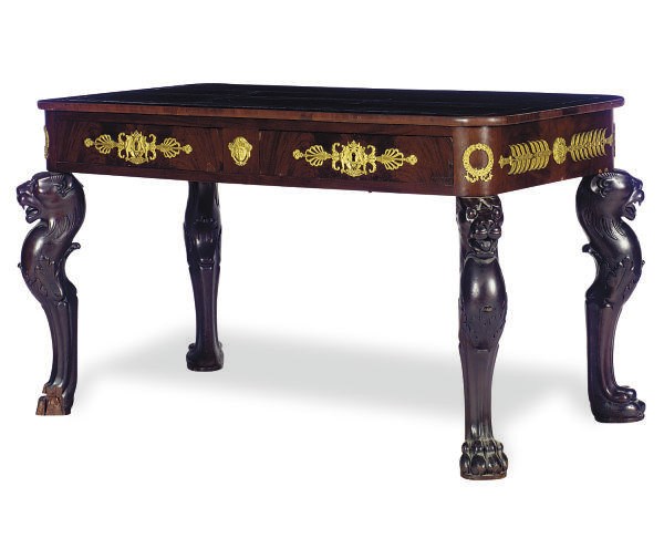 A GILT-BRONZE MOUNTED MAHOGANY LIBRARY TABLE,
