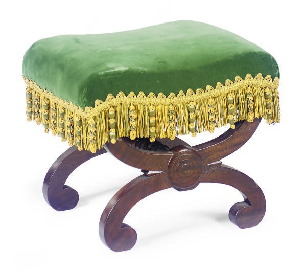 A MAHOGANY AND GREEN VELVET-UPHOLSTERED STOOL,