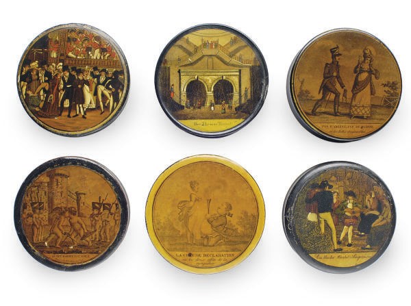 SIX CONTINENTAL PAPIER MACHE PATCH BOXES,