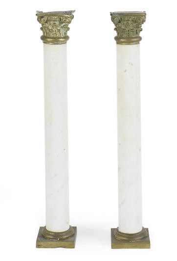A PAIR OF CONTINENTAL GILT-BRONZE MOUNTED WHITE MARBLE COLUMNS,
