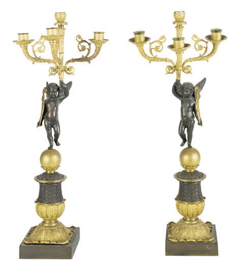 A PAIR OF LOUIS PHILIPPE PATINATED AND GILT-BRONZE FOUR-LIGHT CANDELABRAS,
