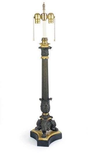 A PATINATED AND GILT-BRONZE COLUMNAR-FORM TABLE LAMP,