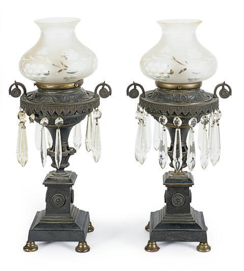 A PAIR OF FRENCH PATINATED-METAL FLUID LAMPS,
