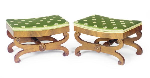 A PAIR OF MAHOGANY AND UPHOLSTERED TABOURETS,
