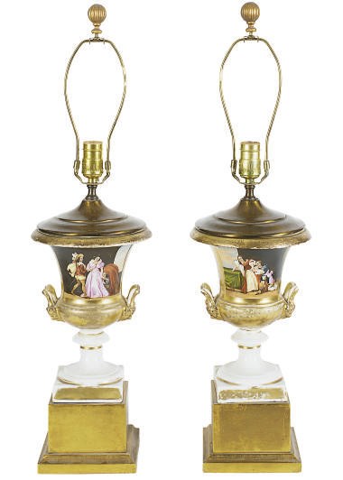 A PAIR OF PARIS PORCELAIN GOLD GROUND VASES MOUNTED AS TABLE LAMPS,